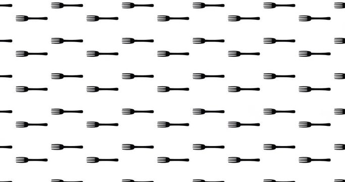Forks background video clip motion  backdrop kitchen icon video in a seamless repeating loop.  Black & white food & restaurant themed silverware fork pattern background high definition motion video