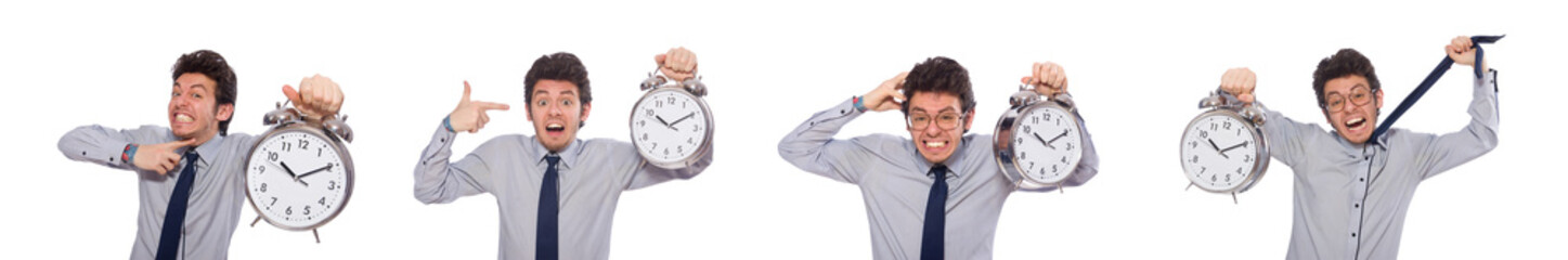 Young businessman with clock isolated on white