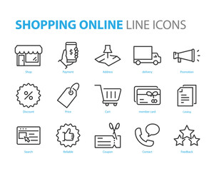 set of shopping icons, such as marketing, payment, cart, delivery, promotion, discount, promotion, shopping online