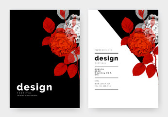 Minimalist botanical invitation card template design, roses in vibrant red and white on black