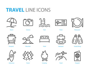 set of travel line icons, such as vacation, camping, airplane, passport, beach, mountain, forest