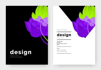 Minimalist botanical invitation card template design, lotus flowers in vibrant purple and green on black