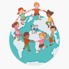 Happy kids holding hands and dancing around the world. Cute boys and girls having fun. Cartoon outline style