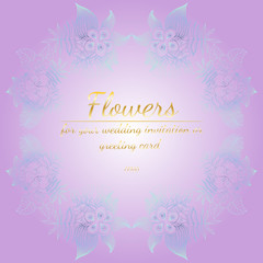 Wreath of roses or peonies flowers with violet, yellow and pink colors. Floral Frame design elements for your wedding invitation and greeting card. Hand drawn vector illustration. Line art. Sketch.