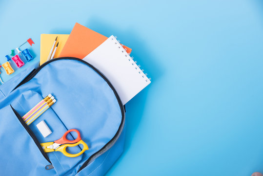 Top view Blue bag backpack for education children - Powered by Adobe