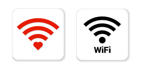 Sign Wifi isolated on white background. Wi-Fi icon. Red Sign Wifi with red heart isolated on white background.