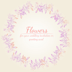 Wreath of roses or peonies flowers branches with pink, purple and coral colors. Floral frame design elements for wedding invitation and greeting card. Hand drawn. Line art. Sketch