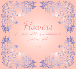 Wreath of roses or peonies flowers with red, carmine, sundown, fringy flower gradient colors. Floral frame design elements for your wedding invitation and greeting card. Hand drawn. Line art. Sketch