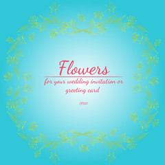 Wreath of roses or peonies flowers with green, yellow, blue and white gradient colors. Floral frame design elements for wedding invitation and greeting card. Hand drawn. Line art. Sketch