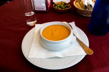 Andalusian gazpacho is a cold soup made of raw, blended vegetables