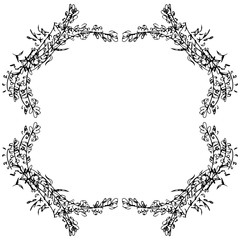 Wreath of wildflowers branches isolated on white background. Foral frame design elements for invitations, greeting cards, posters. Hand drawn illustration. Line art. Sketch