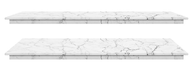 Marble table, counter top white surface, Stone slab for display products isolated on white...