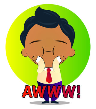 Cute boy in a suit with curly hair says awww, illustration, vector on white background.