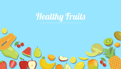 healthy fruits with various kind of fruit for template banner with blue modern color flat style - vector