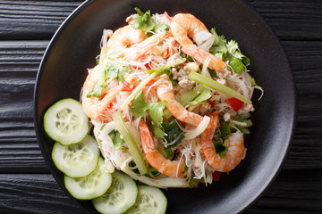 Glass Noodle Salad (Yum Woon Sen) closeup on the plate. horizontal top view
