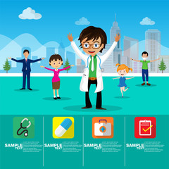 World Health Day Infographic Banner, Doctor With Man And Woman exercise Over Silhouette City Template Background and medical icon,Vector illustration.