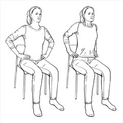 The girl sits on a chair and is engaged in physical therapy. Vector format, imitation of freehand drawing. Back strengthening exercises