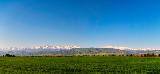 Fototapeta na wymiar Panoramic view of the idyllic mountain landscape. Fresh green meadows at sunrise in springtime, mountains lit by the rising sun