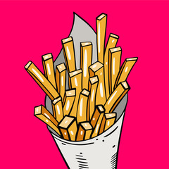 French fries cartoon style. Hand drawn vector illustration. Isolated on pink background.