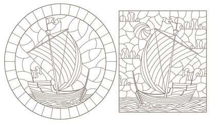 A set of contour illustrations of stained glass Windows with old sailing ships, dark contours on a white background