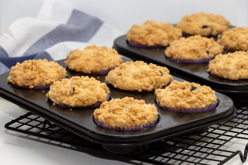 Blueberry Apple Oats streusel Muffins on cooling rack. Selective focus. Copy space for text. Healthy breakfast concept