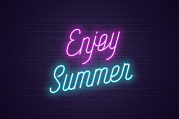 Neon lettering of Enjoy Summer. Glowing text