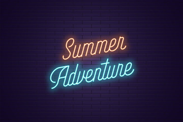 Neon lettering of Summer Adventure. Glowing text
