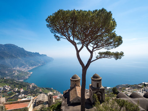 Panoramic view of famous Amalfi Coast with Gulf of Salerno from Villa Rufolo gardens in Ravello, Campania, Italy. April, 2019