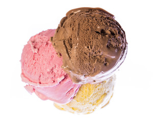 Looking down on an ice cream cone with edible chocolate, strawberry and vanilla ice cream isolated on white background