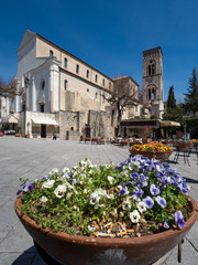 RAVELLO, ITALY - April, 2019: View of the Duomo, church of Santa Maria Assunta, 1086, in the Piazza del Vescovado, Ravello, Amalfi Coast, Salerno