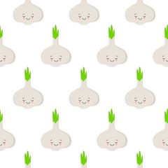 Fototapeta premium Garlic, vector seamless pattern with cute cartoon vegetable characters isolated on white