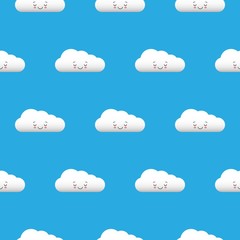 Kawaii funny white clouds set, muzzle with pink cheeks and winking eyes. Seamless pattern on blue background.