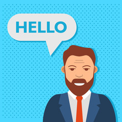 Chatbot concept.Speech bubble businessman speaks hello.Cute cartoon character.Flat vector.Online consultation.Internet Bot.