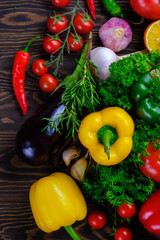 Vegetables and fruits on a wooden table