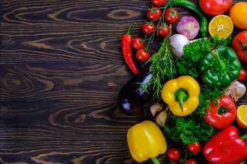 Vegetables and fruits on a wooden table