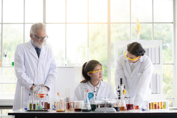 Male and female scientists are testing and analyzing to find the results of research, Scientific and chemical concepts