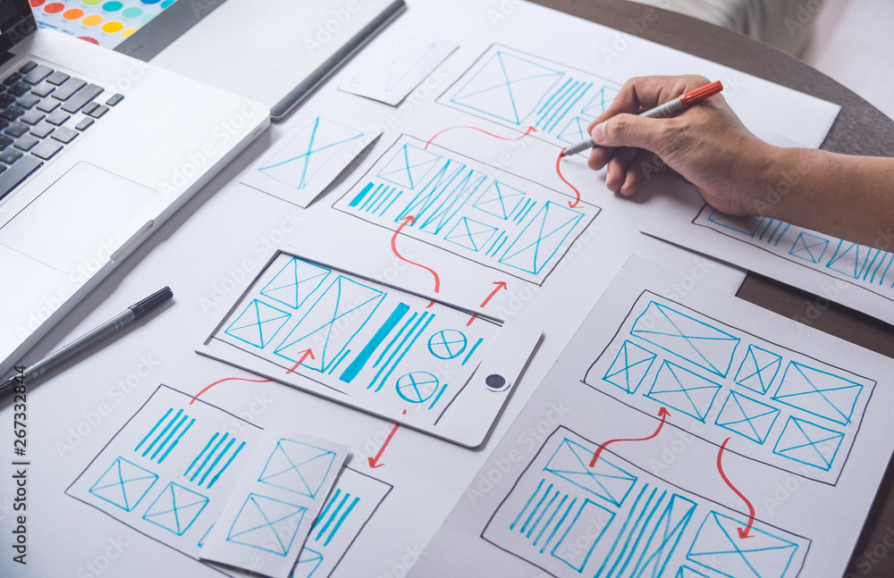 Poster ux graphic designer creative sketch planning application process development prototype wireframe for