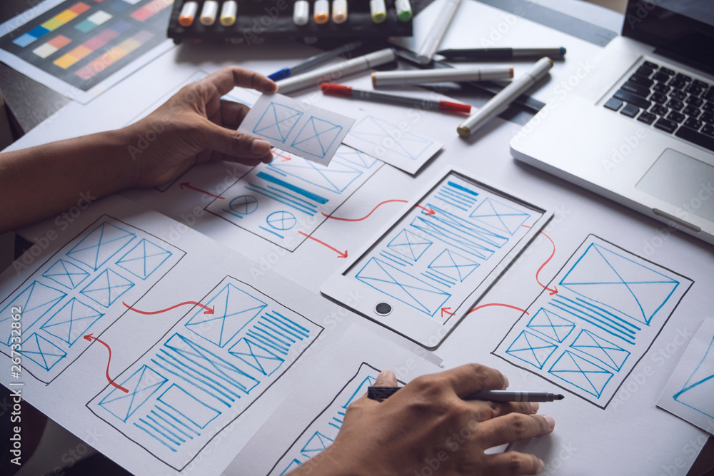 Poster ux graphic designer creative sketch planning application process development prototype wireframe for
