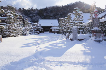 積雪した滋賀県彦根市にある清涼寺の様子