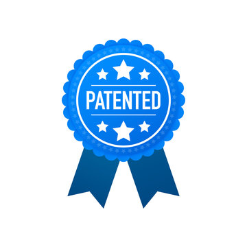 Blue patented label on white background. Vector stock illustration.