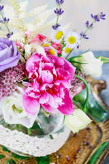 Obraz na płótnie Canvas Bouquet with rose, peony, eustoma and lavender flowers.