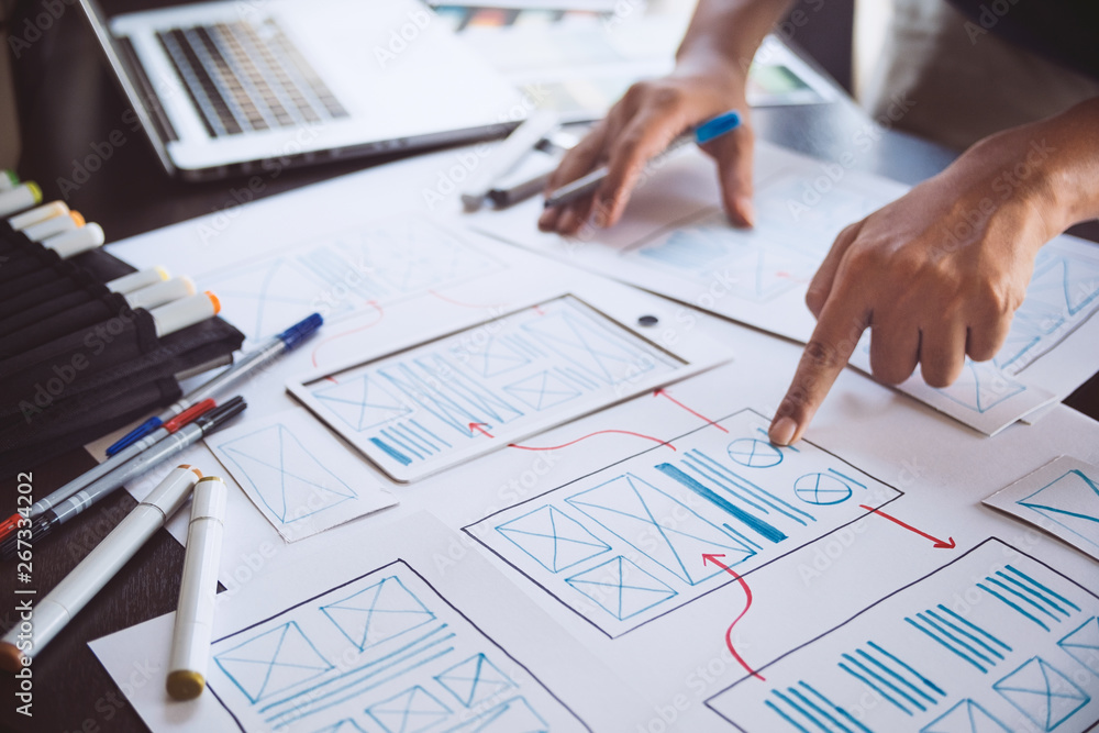 Poster ux graphic designer creative sketch planning application process development prototype wireframe for