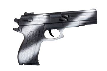 Hand with black gun, side view pistol, crime and military concept.