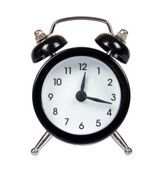 Black retro alarm clock, classic watches with bells.