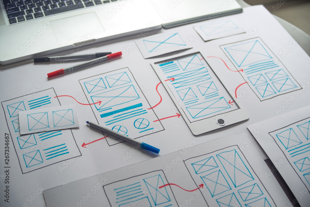 Poster ux graphic designer creative sketch planning application process development prototype wireframe for