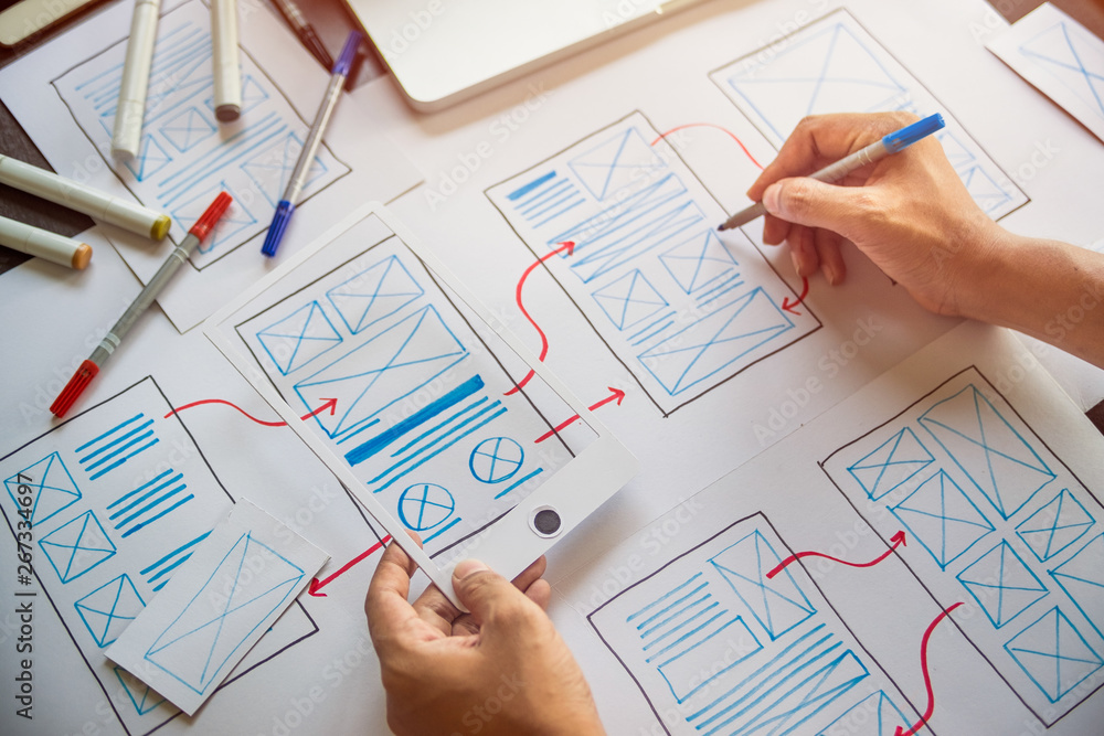 Poster ux graphic designer creative sketch planning application process development prototype wireframe for