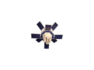 White satellite with blue solar panels isolated on white background. space probe cut out