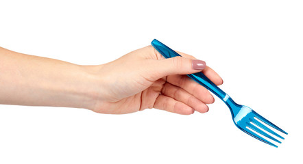 Hand with blue plastic fork, disposable utensil.