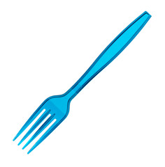 Blue plastic fork, disposable utensil. Isolatef on white