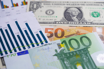 US dollar and euro banknotes money on chart graph spreadsheet paper. Financial development, Banking Account, Statistics, Investment Analytic research data economy, trading, office reporting Business c